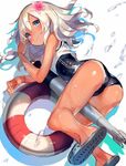  ass bare_arms bare_legs between_legs blue_eyes bukurote crop_top flower hair_between_eyes hair_flower hair_ornament kantai_collection lifebuoy long_hair looking_at_viewer lying one-piece_swimsuit one-piece_tan ro-500_(kantai_collection) school_swimsuit silver_hair sketch slippers solo swimsuit tan tanline torpedo wavy_mouth wet 