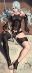  android bare_shoulders barefoot black_gloves black_legwear black_shorts blue_eyes breasts breasts_apart cameltoe commentary elbow_gloves feet from_above full_body gloves hair_between_eyes highres lasterk long_hair long_legs looking_at_viewer lying md5_mismatch medium_breasts mole mole_under_mouth nier_(series) nier_automata on_back parted_lips shorts silver_hair single_thighhigh solo spread_legs sword taut_clothes thighhighs toeless_legwear toes underwear weapon yorha_type_a_no._2 