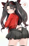  annoyed ass black_hair blush fate/extra fate/stay_night fate_(series) green_eyes hair_ribbon long_hair looking_at_viewer looking_back ribbon simple_background skirt solo standing sweat thighhighs toi_(toiot) toosaka_rin 