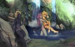  anthro bat_pony blonde_hair book canine clothing day detailed_background dog feline female fruitbloodmilkshake grass group hair male mammal melee_weapon outside smile sword timber underwear water waterfall weapon yellow_eyes 