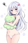  absurdres bangs blue_eyes bow cameltoe closed_mouth collarbone commentary_request cowboy_shot embarrassed eromanga_sensei eyebrows_visible_through_hair hair_between_eyes hair_bow highres holding hyurasan izumi_sagiri light_frown long_hair looking_at_viewer navel panties pink_bow silver_hair simple_background solo squiggle stomach stuffed_animal stuffed_octopus stuffed_toy tareme thighs topless underwear underwear_only very_long_hair white_background white_panties 