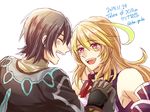  1boy 1girl ahoge bare_shoulders black_hair blush breasts brown_hair choker elbow_gloves eyes_closed gloves jacket jude_mathis long_hair milla_maxwell multicolored_hair open_mouth pink_eyes short_hair tales_of_(series) tales_of_xillia 