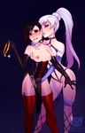  2girls areolae artist_name ass biting black_hair blue_eyes breasts choker collar dominatrix elbow_gloves fingering legwear lingerie long_hair looking_at_viewer multiple_girls ninjakitty nipples pussy pussy_juice red_hair ruby_rose rwby scar short_hair side_ponytail silver_eyes two-tone_hair weiss_schnee wet white_hair yuri 