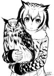  2017 animal bird closed_mouth coat eurasian_eagle_owl eurasian_eagle_owl_(kemono_friends) frown greyscale happa_(cloverppd) head_tilt head_wings holding kemono_friends long_sleeves looking_at_viewer monochrome number owl signature sketch 
