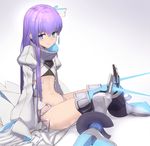  blue_eyes bow chikokagaku fate/grand_order fate_(series) flat_chest hair_bow light_smile long_hair long_sleeves looking_at_viewer meltlilith navel purple_hair smile solo spikes thighs very_long_hair white_bow 
