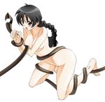  barefoot black_hair blush braid breasts brown_eyes jinki large_breasts long_hair nakahara_tsukiko nipples nude official_art open_mouth restrained simple_background solo tears tentacles tsunashima_shirou white_background 