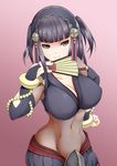  ashita_yaru bare_shoulders black_gloves black_hair bracelet breasts brown_eyes cleavage cowboy_shot elbow_gloves fan fire_emblem fire_emblem_if folding_fan gloves gradient gradient_background groin hair_ornament hand_on_hip jewelry large_breasts looking_at_viewer midriff navel purple_background robe short_hair short_twintails smile solo syalla_(fire_emblem_if) twintails 