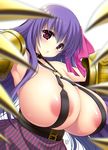  areola_slip areolae bare_shoulders belt_buckle belt_collar blush breasts buckle claws cleavage commentary_request criss-cross_halter eyebrows_visible_through_hair fate/extra fate/extra_ccc fate_(series) gigantic_breasts hair_ribbon halterneck highres huge_breasts long_hair looking_at_viewer looking_to_the_side o-ring o-ring_top parted_lips passion_lip pink_eyes pink_ribbon puffy_shorts purple_hair ribbon shorts signature simple_background solo striped striped_legwear striped_shorts suzuki_nene vertical-striped_legwear vertical_stripes very_long_hair white_background 