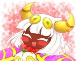  4_eyes ^_^ brown_skin cape clothing curved_horn eyes_closed female flower hair kirby_(series) multi_eye nintendo open_mouth open_smile pattern_background plant queen_sectonia rosy_cheeks scarf simple_background smile solo spidr touka_(artist) video_games white_hair yellow_eyes 