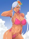  1girl bare_shoulders bikini breasts choker cleavage code_geass dark_skin flower ky. large_breasts lipstick long_hair looking_at_viewer makeup midriff pink_bikini pose shiny shiny_skin side-tie_bikini silver_hair solo thighs villetta_nu yellow_eyes 