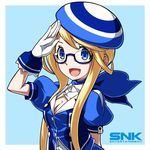  ascot beret blonde_hair blue-framed_eyewear blue_background blue_eyes blue_neckwear breasts cleavage enta_girl falcoon glasses gloves hat highres jacket logo looking_at_viewer mascot medium_breasts official_art puffy_short_sleeves puffy_sleeves salute semi-rimless_eyewear short_hair_with_long_locks short_sleeves simple_background smile snk solo upper_body 