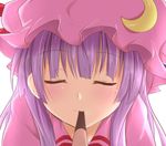  adjusting_hair bangs blunt_bangs blurry blush bow bowtie close-up closed_eyes closed_mouth crescent depth_of_field eyebrows_visible_through_hair face facing_viewer feeding food hand_in_hair hat head_tilt incoming_pocky_kiss long_hair mob_cap mouth_hold patchouli_knowledge pink_hat pocky pocky_kiss purple_hair ram_hachimin red_bow red_neckwear shared_food sidelocks simple_background smile solo touhou tsurime upper_body white_background wing_collar 