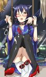  aoi_chiruko bandaid bandaid_on_pussy black_collar blue_hair blush brown_hair collar commentary_request cuffs eyebrows_visible_through_hair glasses hair_between_eyes handcuffs high_heels highres kousaka_honoka long_hair love_live! love_live!_school_idol_project minami_kotori multiple_girls one_eye_closed open_mouth red-framed_eyewear red_footwear reflection round_teeth scrunchie shoes sitting solo_focus sonoda_umi suggestive_fluid sunglasses teeth upper_teeth wet yellow_eyes yuri 