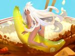  :q absurdres ann_calina ass banana_boat barefoot big_hair bikini blue_background blush breasts carrot chopsticks closed_mouth commentary curry curry_rice dark_skin food from_behind full_body granblue_fantasy highres in_food inflatable_toy large_breasts long_hair looking_at_viewer looking_back minigirl red_eyes rice signature smile solo string_bikini swimsuit tongue tongue_out very_long_hair white_hair zooey_(granblue_fantasy) 