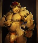 2017 anthro areola armlet balls belly biceps big_biceps black_background bowser bracelet darkgem front_view hair half-erect horn huge_muscles humanoid_penis jewelry koopa looking_at_viewer male mario_bros muscular muscular_male nintendo nipples nude open_mouth pecs penis pink_tongue pose pubes red_eyes red_hair reptile scalie shell simple_background snout solo spiked_armlet spiked_bracelet spiked_shell spikes standing teeth tongue turtle vein veiny_penis video_games white_horn yellow_skin 