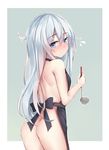  apron ass back bare_arms bare_shoulders blue_eyes blush cowboy_shot flying_sweatdrops hair_between_eyes hibiki_(kantai_collection) highres holding kantai_collection kure_(kure_ng) ladle long_hair looking_at_viewer naked_apron silver_hair solo two-tone_background 