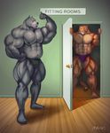  2011 anthro areola blue_eyes blush canine clothed clothing dog feline fitting_room great_dane herc_the_liger hound_(character) hybrid hyper hyper_muscles liger lion mainlion male mammal muscular muscular_male nipples partially_clothed shy speedo swimsuit tiger 