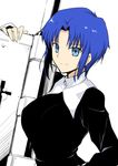  absurdres black_dress blue_eyes blue_hair breasts ciel dress harukon_(halcon) highres holding holding_weapon large_breasts long_sleeves looking_at_viewer nun seventh_holy_scripture short_hair sidelocks smile solo tsukihime upper_body weapon white_background 