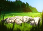  ambiguous_gender canine day detailed_background eyes_closed feathered_wings feathers feral grass lukiri lying mammal outside solo white_feathers wings wolf 
