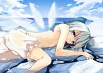  absurdres bloomers blue_bow blue_eyes blue_hair blue_sky bow breasts cirno cloud cloudy_sky day hair_bow highres ice ice_wings ke-ta_(style) looking_at_viewer mu_yan nipples outdoors partially_submerged sky small_breasts solo topless touhou underwear water wet wet_clothes wings 