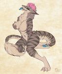  blue_eyes blue_tongue breasts ear_piercing fur hair looking_at_viewer mammal pacevanrign piercing pink_hair sergal striped_fur stripes zare 