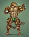  2011 anthro areola benji_(character) bulge clothed clothing clouded_leopard drying_off eyes_closed feline happy hyper hyper_muscles jockstrap mainlion male mammal muscular nipples partially_clothed solo towel underwear 