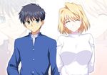  1girl arcueid_brunestud arms_behind_back black_hair blue_jacket breasts closed_eyes commentary_request glasses grey_eyes harukon_(halcon) highres jacket large_breasts long_sleeves school_uniform short_hair smile standing sweater toono_shiki tsukihime upper_body white_sweater zoom_layer 