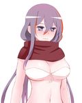  akaza_akari_(artist) blush breasts dragon_yukano highres large_breasts long_hair looking_at_viewer navel ninja_slayer purple_eyes purple_hair scarf solo 