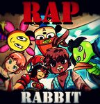  4boys beanie blush bunny creator_connection crossover dog flower frog from_below gitaroo_man gitaroo_man_(character) hat kirah_(gitaroo_man) looking_at_viewer looking_down multiple_boys multiple_girls otama-maru parappa parappa_the_rapper project_rap_rabbit smile sunny_funny toto-maru 