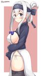  ainu_clothes black_legwear blue_eyes blush breasts chaa_(korone-ze) folded_ponytail hair_between_eyes headband highres kamoi_(kantai_collection) kantai_collection large_breasts long_hair long_sleeves sideboob solo thick_eyebrows thighhighs twitter_username white_hair 