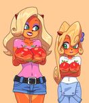  blonde_hair bodypaint breast_hold breasts coco_bandicoot commentary covered_nipples crash_bandicoot eyelashes eyeshadow flower food fruit green_eyes hair_flower hair_ornament kempferzero makeup multiple_girls overalls painted_clothes short_shorts shorts smile tawna_(crash_bandicoot) 