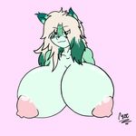  anthro big_breasts big_nipples blonde_hair breasts bust_(disambiguation) canine emerald_mist eyebrows female fox fur green_eyes green_fur green_hair hair highlights huge_breasts hyper hyper_breasts mammal multicolored_fur multicolored_hair nipples princemoe25 smug solo space_fox two_tone_hair 