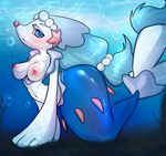  2017 anthro blue_eyes blue_hair blush breasts bubble female feral hair long_hair looking_at_viewer mammal marine nintendo nipples nude pink_nose pinniped pocketmew pok&eacute;mon primarina simple_background solo underwater video_games water white_skin 