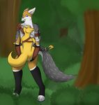  2017 3_toes abiguous_gender anklet anthro armor bandage black_fur black_nose blue_eyes blue_pads butt canine claws clothing detailed_background digital_media_(artwork) digitigrade duo forest fur grass green_eyes grey_fur hi_res horn jackal jewelry knife kobold leather leggings legwear long_ears looking_pleasured male mammal melee_weapon multicolored_fur one_eye_closed open_mouth outside penetration reptile scales scalie selix selixjackal sex size_difference smile spikes stand_and_carry_position standing straps tan_fur teeth toes torn_clothing tree weapon white_fur yellow_scales 
