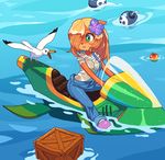  bird blonde_hair bomb box breasts coco_bandicoot commentary crash_bandicoot flower food fruit hair_flower hair_ornament hair_over_one_eye jet_ski kempferzero overalls riding seagull solo water wet wet_clothes wet_hair 