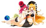  anklet ass bangs barefoot bikini black_bikini blonde_hair bracelet breasts butt_crack cleavage commentary_request crescent earrings earth_(ornament) full_body groin halter_top halterneck hecatia_lapislazuli highres jewelry junko_(touhou) large_breasts light_smile long_hair looking_at_viewer moon_(ornament) multiple_girls nail_polish navel pink_nails pointy_ears polos_crown raptor7 red_eyes red_hair sarong sideboob simple_background stomach swimsuit tassel tattoo touhou untied untied_bikini very_long_hair wavy_hair white_background yuri 