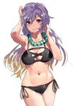  armpits asuzemu bangs beads bikini black_bikini blonde_hair breasts cowboy_shot gradient_eyes hair_between_eyes hands_in_hair highres hijiri_byakuren hips jewelry large_breasts long_hair looking_at_viewer multicolored multicolored_eyes navel necklace pink_lips prayer_beads purple_eyes purple_hair shiny shiny_hair shiny_skin simple_background smile solo standing stomach string_bikini swimsuit thighs toned touhou white_background 