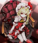  absurdres ascot bangs blonde_hair blurry checkered checkered_floor choker closed_mouth commentary_request crystal depth_of_field flandre_scarlet frilled_shirt_collar frills from_above hat hat_ribbon highres kneehighs looking_at_viewer looking_up mob_cap pale_skin pointy_ears puffy_short_sleeves puffy_sleeves red_eyes red_ribbon red_skirt red_vest ribbon short_sleeves side_ponytail sitting skirt skirt_set smile solo striped striped_legwear touhou vest wings wrist_cuffs yutapon 