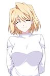  absurdres arcueid_brunestud arms_behind_back bangs blonde_hair blush breasts close-up closed_eyes eyebrows_visible_through_hair hair_between_eyes harukon_(halcon) highres large_breasts long_sleeves shiny shiny_hair short_hair smile sweater tsukihime upper_body white_background white_sweater 