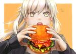  :o absurdres artoria_pendragon_(all) blonde_hair commentary_request face fate/grand_order fate_(series) flying_sweatdrops food hamburger hands_up harunatsu_akifumi highres holding holding_food jacket long_hair long_sleeves open_clothes open_jacket open_mouth ponytail saber_alter solo sparkle sparkling_eyes sweat v-shaped_eyebrows yellow_eyes 