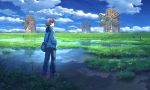  1boy bag baseball_cap blue_footwear blue_hoodie blue_sky brown_eyes brown_hair cloud cloudy_sky creatures_(company) day field from_behind game_freak gen_5_pokemon grass hands_in_pockets hat hood hood_down looking_at_viewer looking_back nintendo outdoors palpitoad pants pippi_(pixiv_1922055) pokemon pokemon_(creature) pokemon_(game) pokemon_bw puddle reflection scenery shoes shoulder_bag sky smile solo touya_(pokemon) water wide_shot windmill 