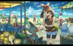  2boys 3girls apron bag balloon bare_arms beach beach_umbrella berries bike_shorts blue_sky bow brown_hair creature creatures_(company) day denim denim_shorts dog dress game_freak gen_2_pokemon gen_3_pokemon green_dress grovyle hair_bow hand_on_own_chin haruka_(pokemon) hat holding holding_bag innertube lady_(pokemon) looking_down marill market marshtomp merchant mouse multiple_boys multiple_girls nintendo ocean outdoors pants pippi_(pixiv_1922055) pokemon pokemon_(creature) pokemon_(game) pokemon_breeder_(pokemon) pokemon_oras ponytail poochyena school_kid_(pokemon) shopping shorts skitty sky sleeping stall stone_floor stone_walkway stuffed_toy sun_hat umbrella whismur wingull yuuki_(pokemon) 