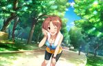  1boy 1girl ahoge bangs bike_shorts bike_shorts_under_shorts blush breasts brown_hair cleavage cloud dappled_sunlight dutch_angle eyebrows_visible_through_hair idolmaster idolmaster_cinderella_girls idolmaster_cinderella_girls_starlight_stage leaning_forward looking_at_viewer medium_breasts necklace outdoors park red_eyes saitou_youko short_hair shorts sky smile solo_focus sunglasses sunglasses_removed sweat towel tree wink wristwatch 