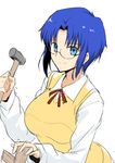  absurdres blue_eyes blue_hair bow breasts ciel glasses hammer harukon_(halcon) highres holding holding_hammer large_breasts long_sleeves looking_at_viewer school_uniform shirt short_hair sidelocks sketch smile solo sweater_vest tsukihime upper_body white_background white_shirt 