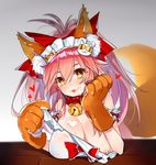  :3 animal_ears apron apron_pull bell bell_collar bending_forward breasts catsizuru cleavage collar fate/grand_order fate_(series) fox_ears fox_tail gloves hair_ribbon highres large_breasts long_hair looking_at_viewer naked_apron no_bra open_mouth paw_gloves paws pink_hair ribbon solo table tail tamamo_(fate)_(all) tamamo_cat_(fate) upper_body wavy_mouth yellow_eyes 