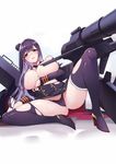  bare_shoulders blush boots breasts hair_bun high_heels highres k1800 large_breasts long_hair panzer_maiden parted_lips purple_hair purple_legwear red_eyes solo sweat thigh_boots thighhighs thighs torn_clothes torn_legwear 