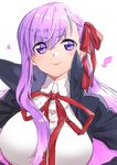  &gt;:) asa_kusa_99 bb_(fate)_(all) bb_(fate/extra_ccc) blush breasts cherry_blossoms commentary fate/extra fate/extra_ccc fate_(series) hair_ribbon jacket large_breasts long_hair looking_at_viewer petals purple_eyes purple_hair ribbon simple_background smile solo v-shaped_eyebrows white_background 