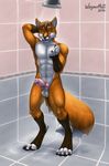  2016 4_toes 5_fingers abs absurd_res anatomically_correct anatomically_correct_penis animal_genitalia animal_penis anthro armpits balls biceps black_nose brown_hair canine canine_penis claws detailed_background digital_media_(artwork) digitigrade dipstick_tail erection fingerless_(marking) fox front_view fur gloves_(marking) hair hand_behind_head hi_res inside inviting knot licking licking_lips looking_at_viewer male mammal markings multicolored_fur multicolored_tail navel pecs penis precum raised_arm sheath short_hair shower shower_head socks_(marking) solo standing toe_claws toeless_(marking) toes tongue tongue_out two_tone_tail wagnermutt water werefox_(character) wet white_countershading yellow_eyes 