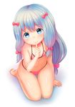  10s 1girl bare_arms bare_legs bare_shoulders barefoot bikini blue_eyes bow closed_mouth eromanga_sensei feet female finger_to_mouth flat_chest full_body hair_between_eyes hair_bow izumi_sagiri kbisuco long_hair looking_at_viewer low-tied_long_hair midriff seiza shiny shiny_hair shiny_skin silver_hair smile soles solo swimsuit thigh_gap toes white_background 
