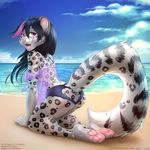  4_toes 5_fingers anthro beach black_hair black_spots clothed clothing day feline female fur grey_fur hair inner_ear_fluff iskra kneeing leopard looking_at_viewer mammal open_mouth outside pawpads pink_nose pink_tongue seaside smile solo spots spotted_fur teeth toes tongue tril-mizzrim 